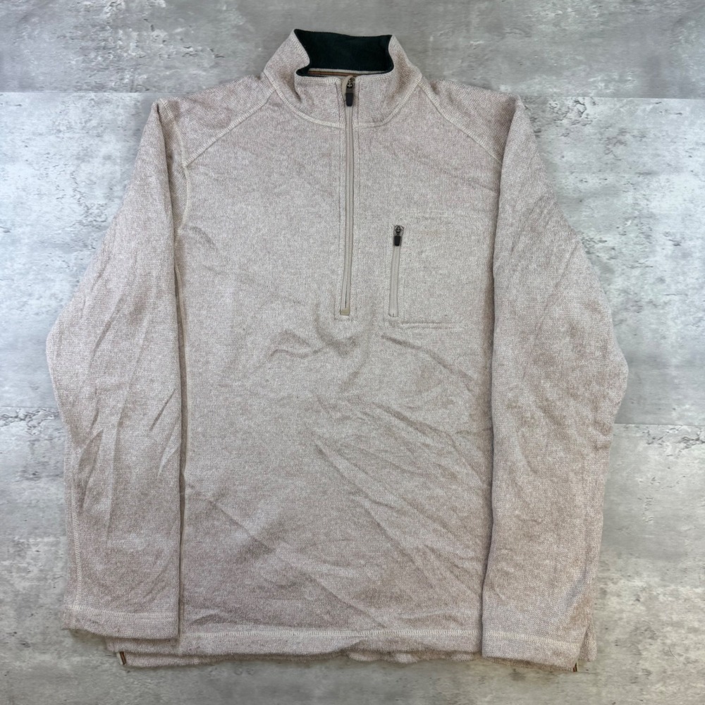 Woolrich Mens Large Oatmeal Heather Quarter Zip Knit Sweater Mock Neck Pocket
